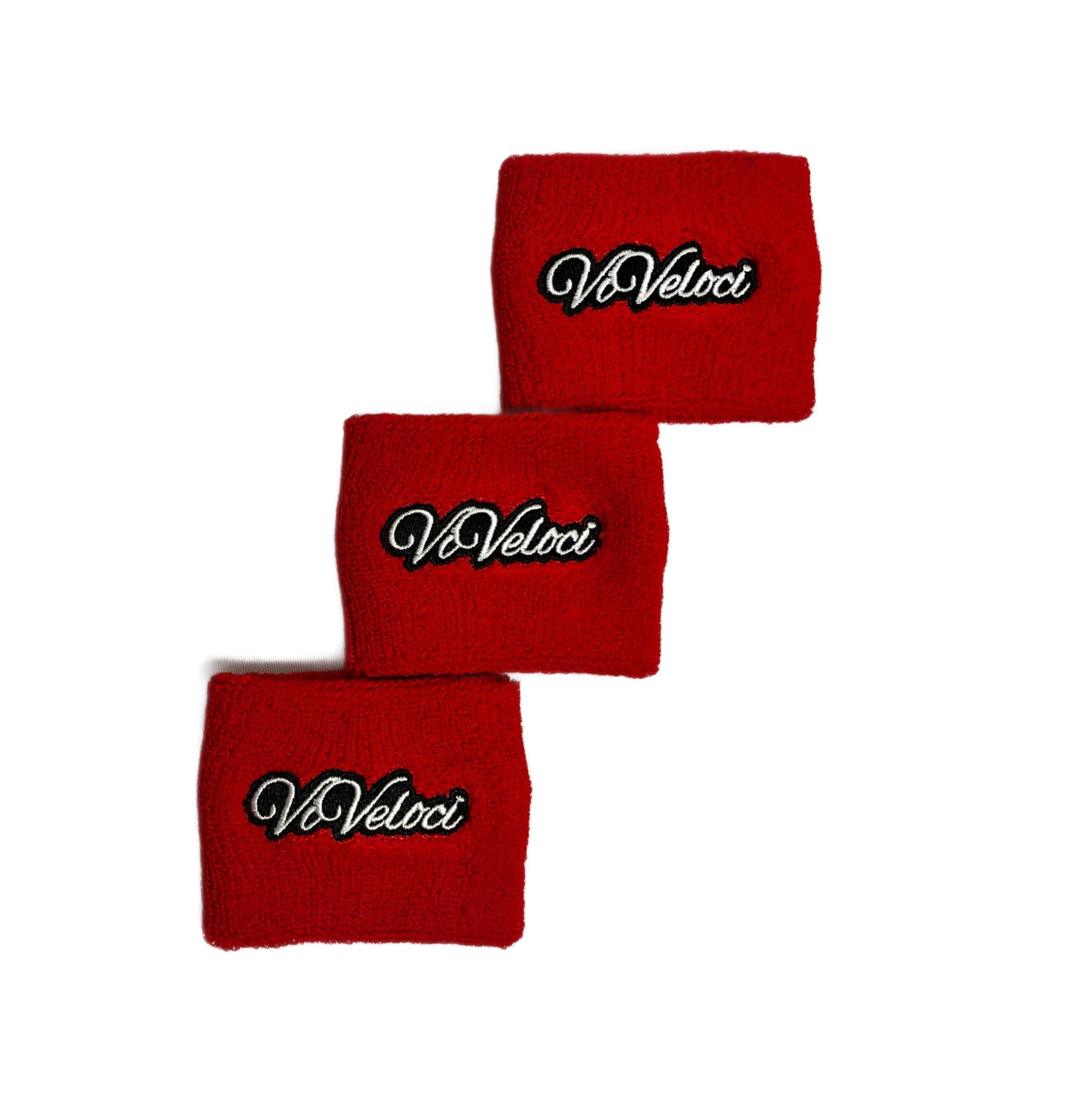 Red Viveloci brake fluid reservoir socks for motorcycle- three pictured in photograph