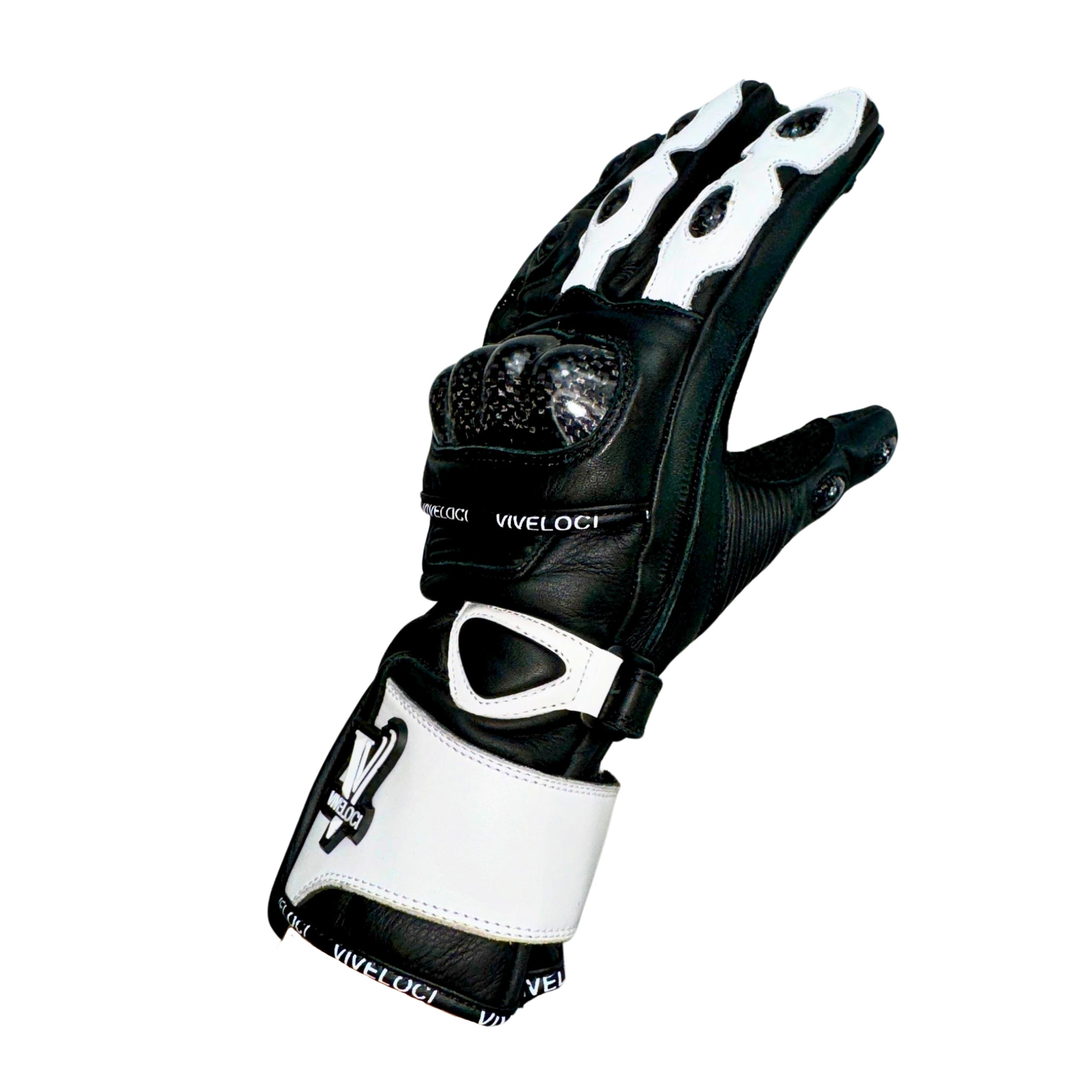 ViVeloci White Full Gauntlet Leather Motorcycle Glove for Women. Carbon Fiber Knuckles, Kevlar lining