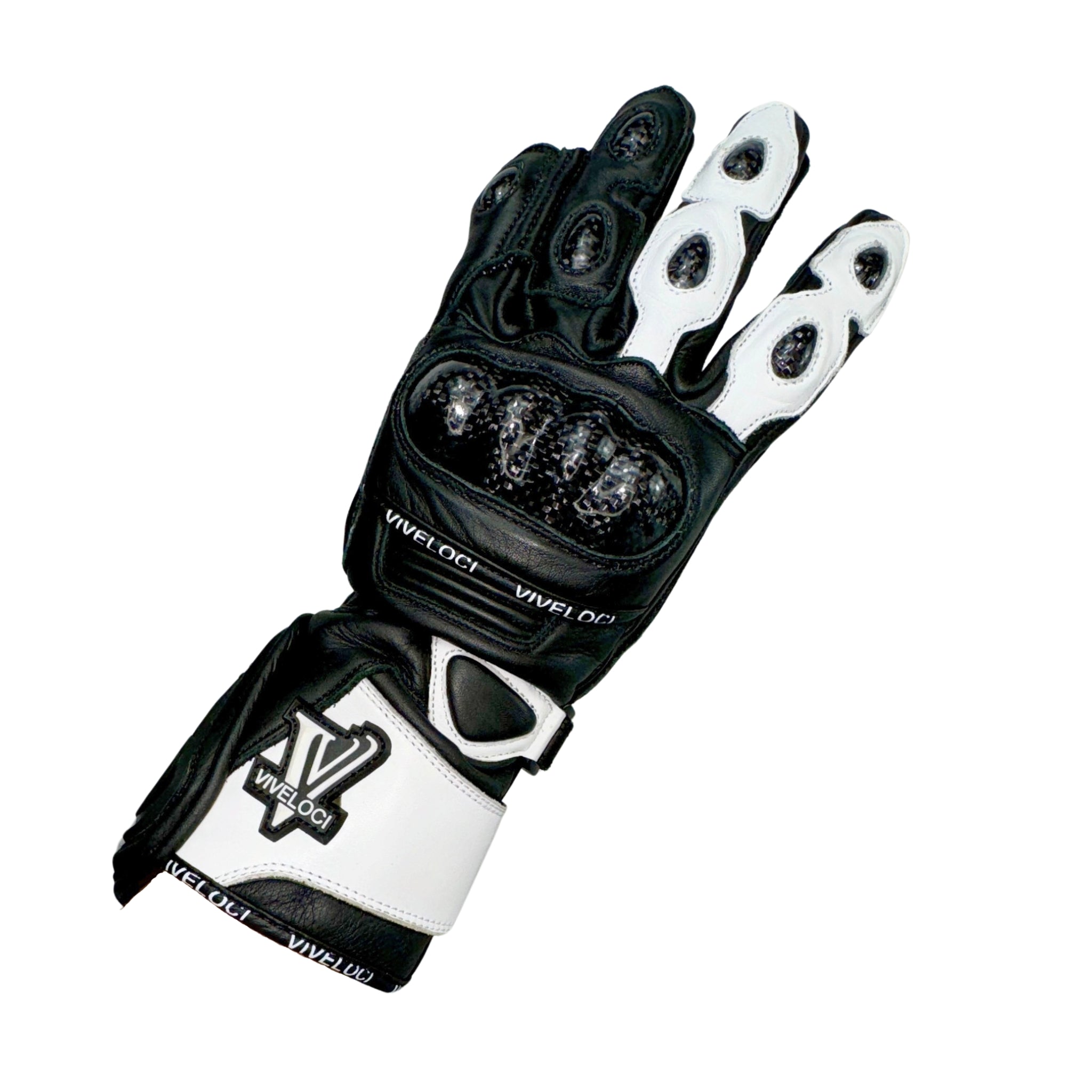 ViVeloci White Full Gauntlet Leather Motorcycle Glove for Women. Carbon Fiber Knuckles, Kevlar lining