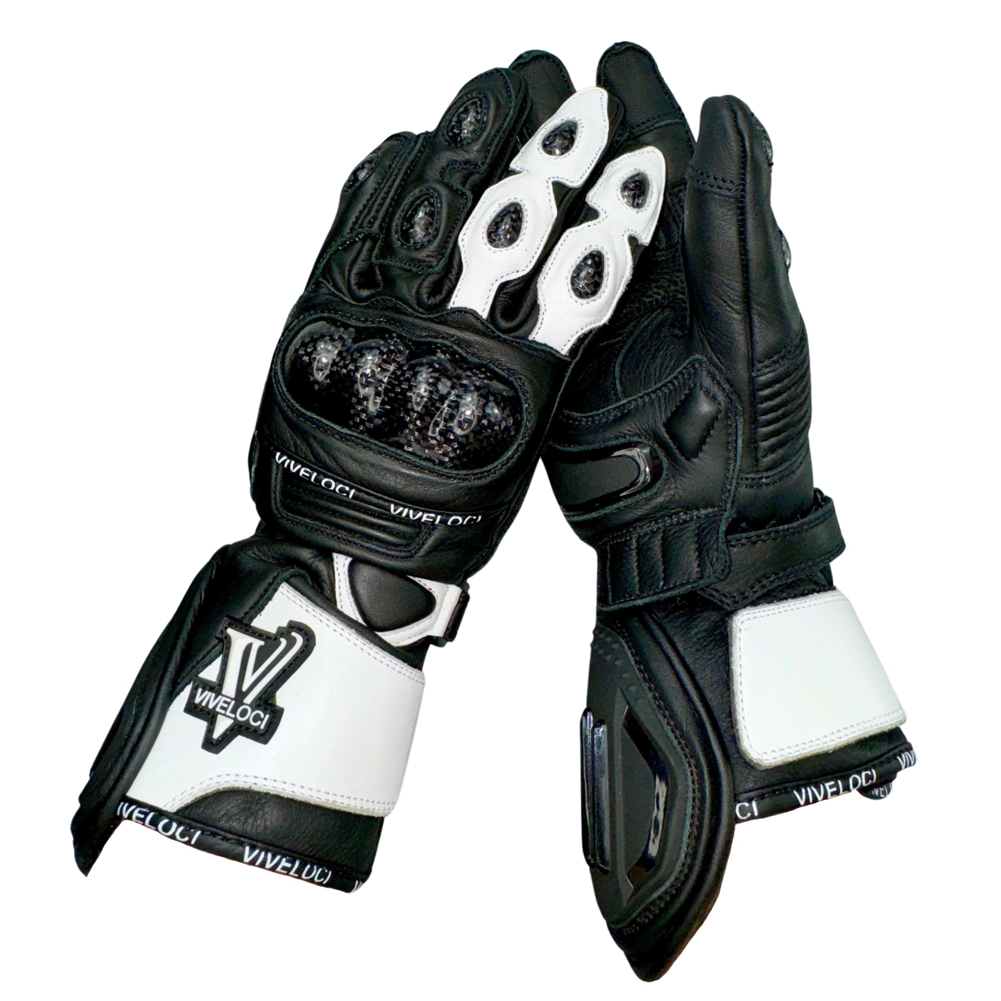 ViVeloci White Full Gauntlet Leather Motorcycle Glove for Women. Carbon Fiber Knuckles, Kevlar lining