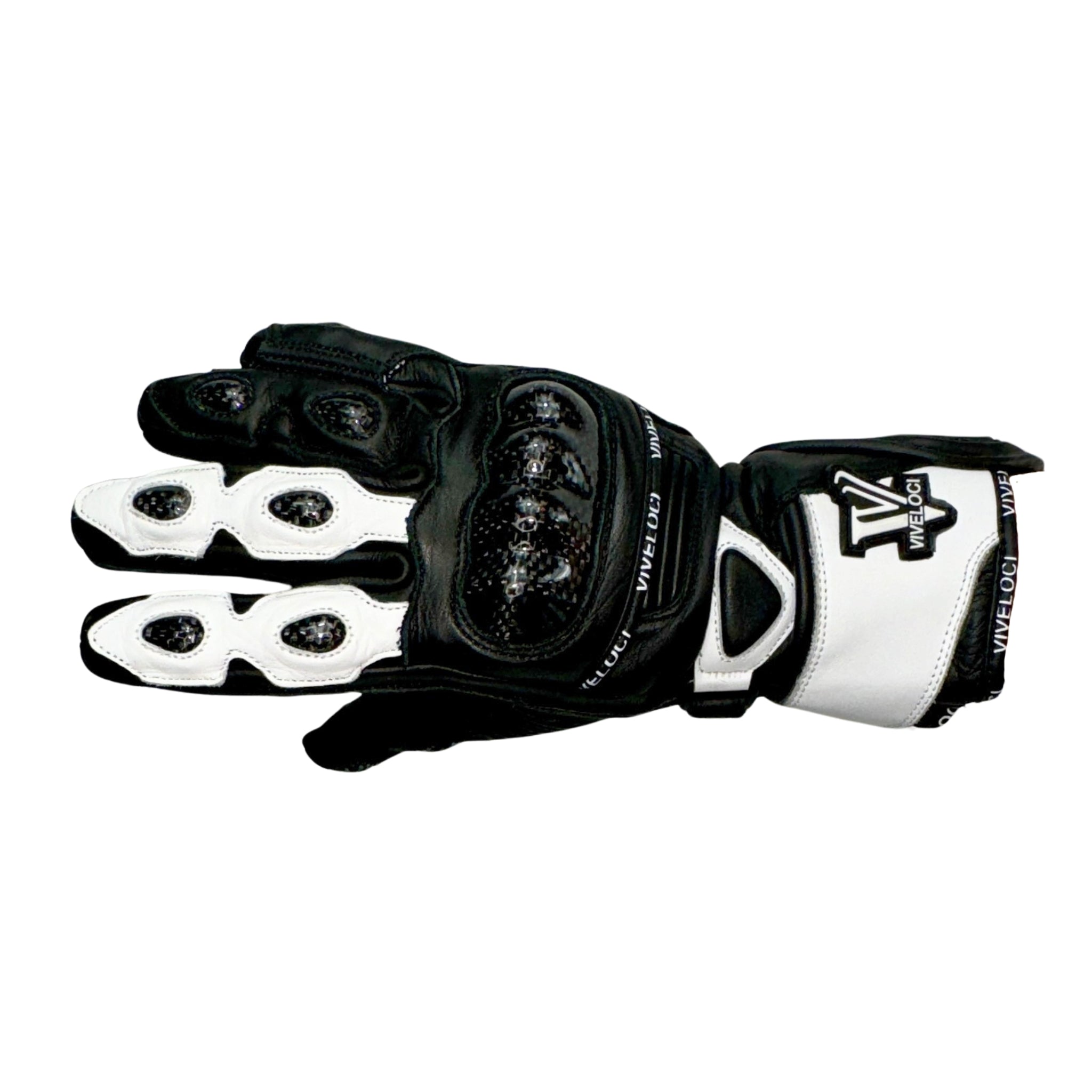 ViVeloci White Full Gauntlet Leather Motorcycle Glove for Women. Carbon Fiber Knuckles, Kevlar lining