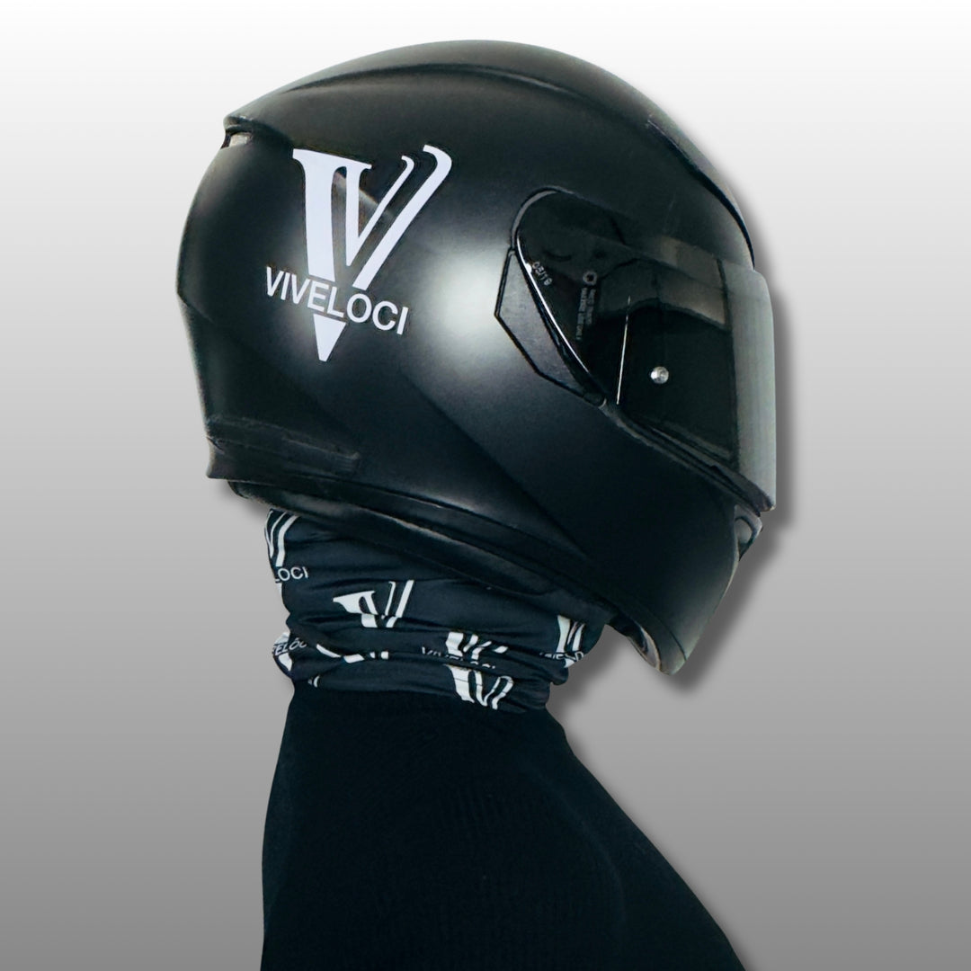 A matte black full-face motorcycle helmet with a clear visor, shown in side profile. The helmet features a white stylized 'Viveloci" logo and the brand name 'VIVELOCI' on the side.