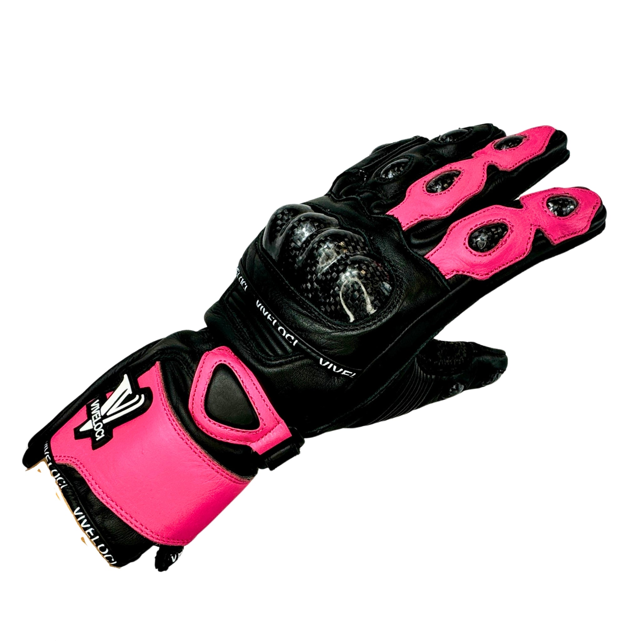 ViVeloci Pink Full Gauntlet Leather Motorcycle Glove for Women. Carbon Fiber Knuckles, Kevlar lining