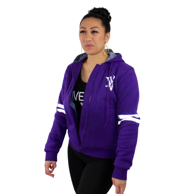 Viveloci Womens Kevlar Lined, Armored, Motorcycle Hoodie in Purple.  Reflective back, front and arm bands.  Removeable CE Level 1 Armor in Shoulders, Elbows and Back. Two zippered pockets on the outside and one on the inside. 