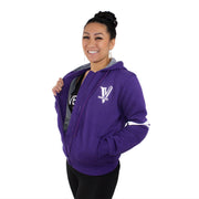 Viveloci Kevlar Lined, Armored, Motorcycle Hoodie in Purple.  Reflective back, front and arm bands.  Removable CE Level 1 Armor in Shoulders, Elbows and Back. Two zippered pockets on the outside and one on the inside