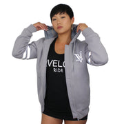Viveloci Kevlar Lined, Armored, Motorcycle Hoodie in Silver.  Reflective back, front and arm bands.  Removeable CE Level 1 Armor in Shoulders, Elbows and Back. Two zippered pockets on the outside and one on the inside. 