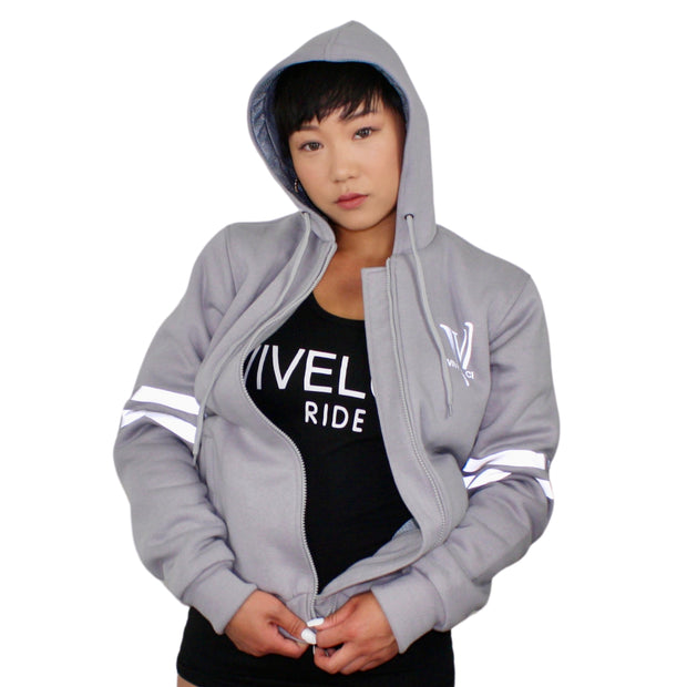 ViVeloci Kevlar Lined, Armored, Motorcycle Hoodie in Silver.  Reflective back, front and arm bands.  Removable CE Level 1 Armor in Shoulders, Elbows and Back. Two zippered pockets on the outside and one on the inside.