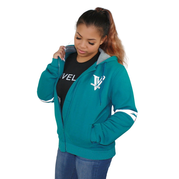Viveloci Kevlar Lined, Armored, Motorcycle Hoodie in Teal.  Reflective back, front and arm bands.  Removeable CE Level 1 Armor in Shoulders, Elbows and Back. Two zippered pockets on the outside and one on the inside. 