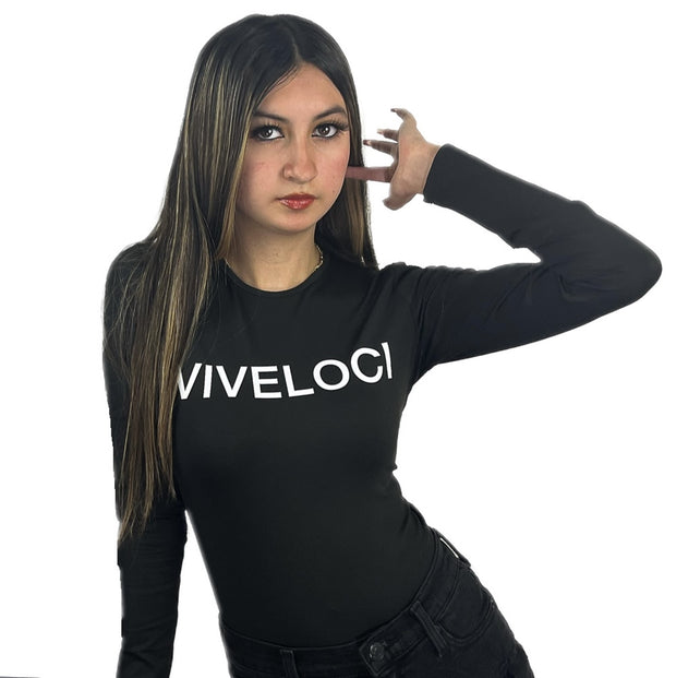 Angela wearing a small black Viveloci bodysuit 