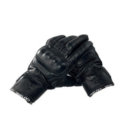 A classic black, sleek design, Eleganza by ViVeloci, will protect your hands in comfort. Constructed with cowhide leather, CE Level 1 carbon fiber knuckle protection, and reinforced padding on the palm. Our half-gauntlet glove covers about 2 ¼ inches of wrist and specifically designed for a woman’s hand.  There is a 1 ¼ inch adjustable wrist cuff embossed with the ViVeloci logo. Touch-screen functionality on thumb and forefinger.
