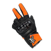 Ciao Bella Women’s Gloves in ORANGE . Constructed with premium cowhide leather. Our half-gauntlet glove, specifically designed for a woman’s hand, has a 1 ¼ inch leather wrist cuff with a Velcro closure that fits over your jacket sleeve and stays secure. Carbon fiber knuckle protection and reinforced padding are on the palm. Touch-screen functionality on thumb and forefinger.