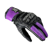  Ciao Bella Women’s Gloves in purple constructed with premium cowhide leather. Our half-gauntlet glove, specifically designed for a woman’s hand, has a 1 ¼ inch leather wrist cuff with a Velcro closure that fits over your jacket sleeve and stays secure. Carbon fiber knuckle protection and reinforced padding are on the palm. Touch-screen functionality on thumb and forefinger.