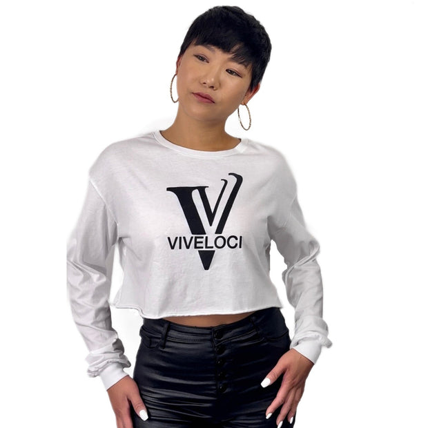 ViVeloci Lightweight Long Sleeve Crop Top in White. 93% Cotton, 7% Spandex. 